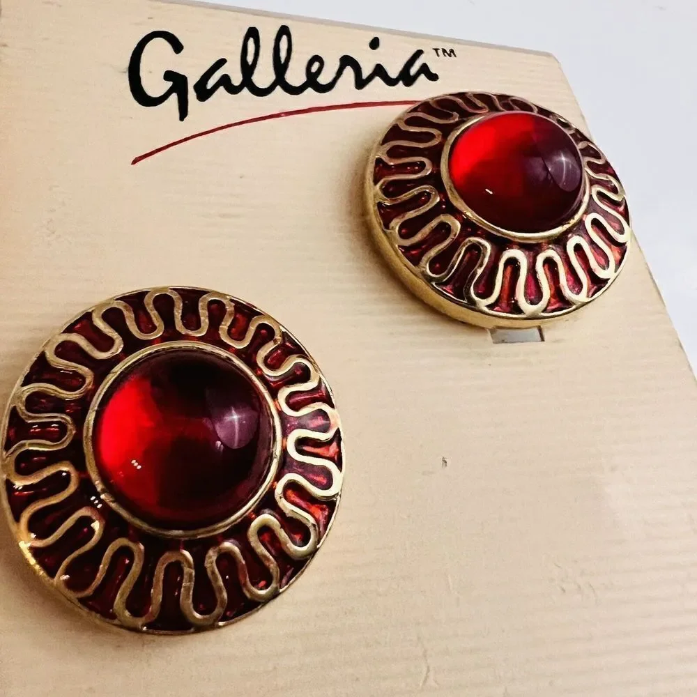Vintage Galleria Gripoix Earrings Clip On Red Glass Enamel Gold Tone Round 4619